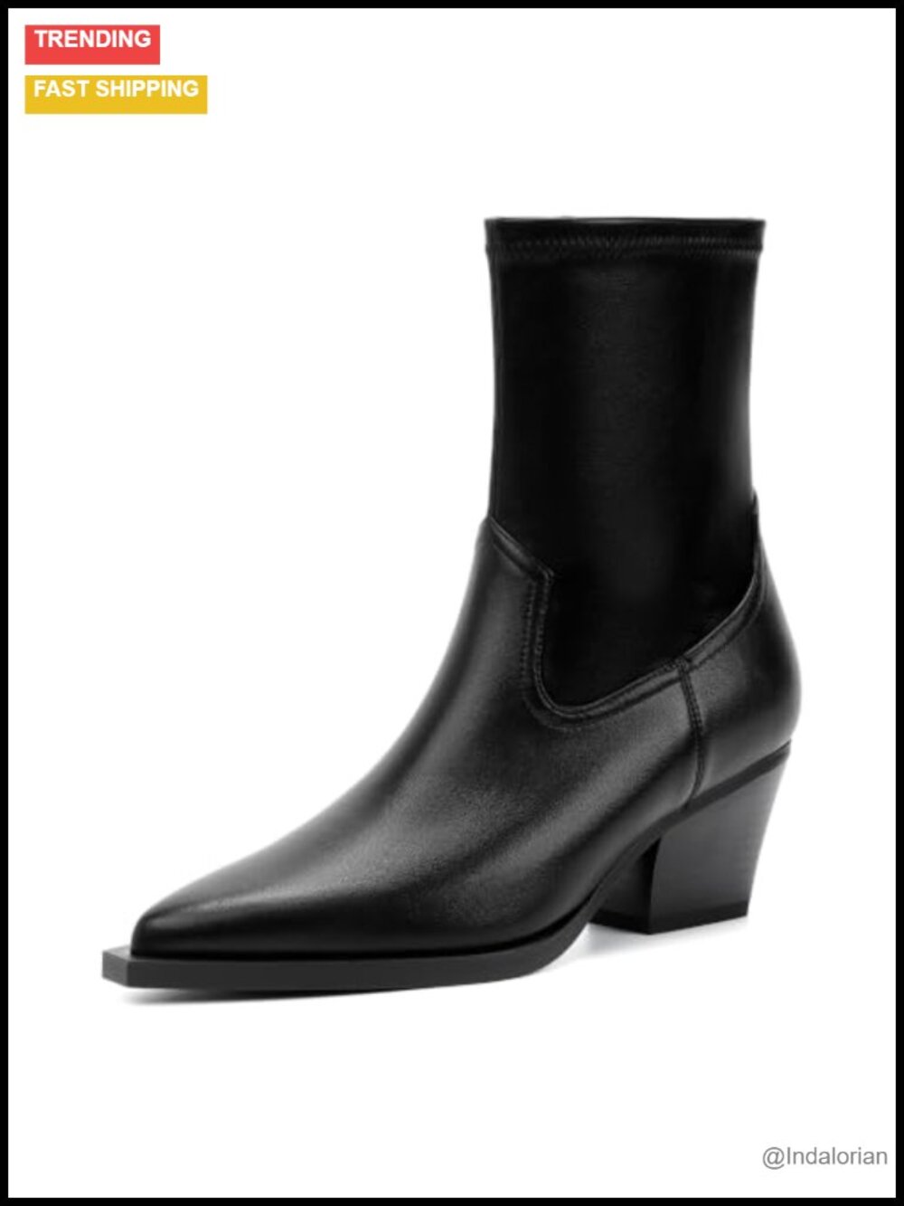 Pointed Toe Chunky Heel Ankle Booties with Side Zipper Faux Leather